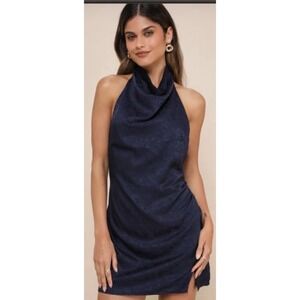 Lulus Navy Jacquard Cowl Backless Mini Dress, SIZE XL